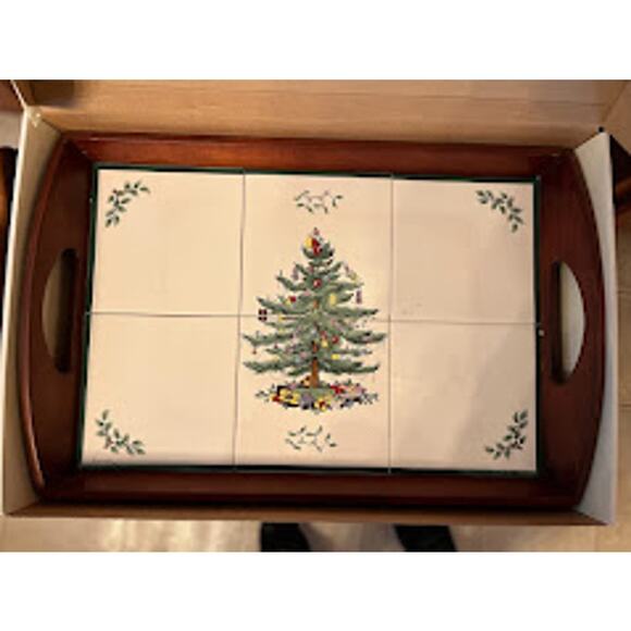 Spode Christmas Tree Wood Tray Tile LargeRectangular Serving Tray Box RARE